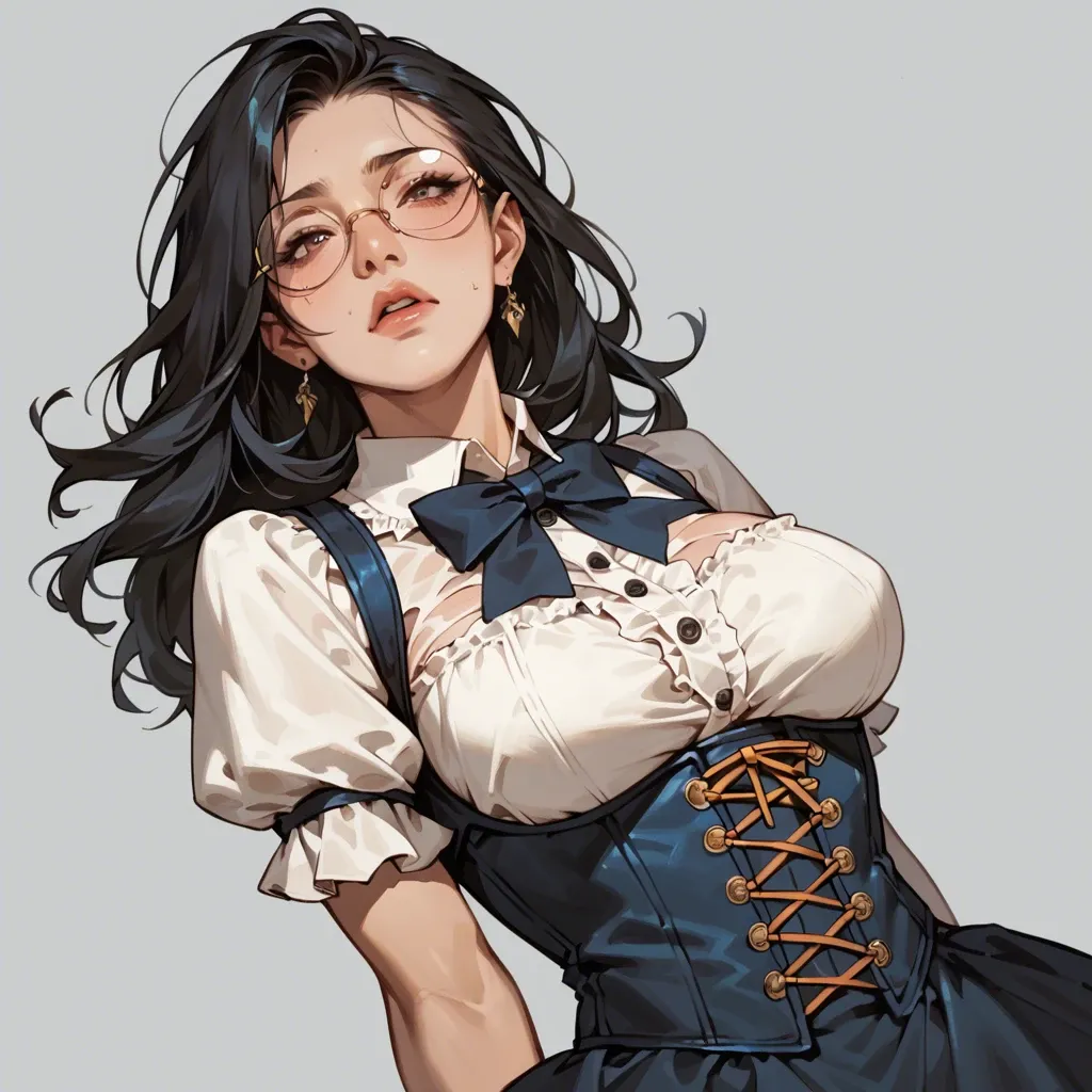 cute fantasy adventurer skinny girl with dark blue medium hair. She has skirt, corset, shirt, big breasts, round glasses, mage