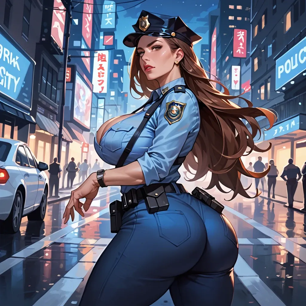 Police uniform, milf, seductive, big tits, big ass, cleavage, long hair, night city, dressed, brown hair, cap