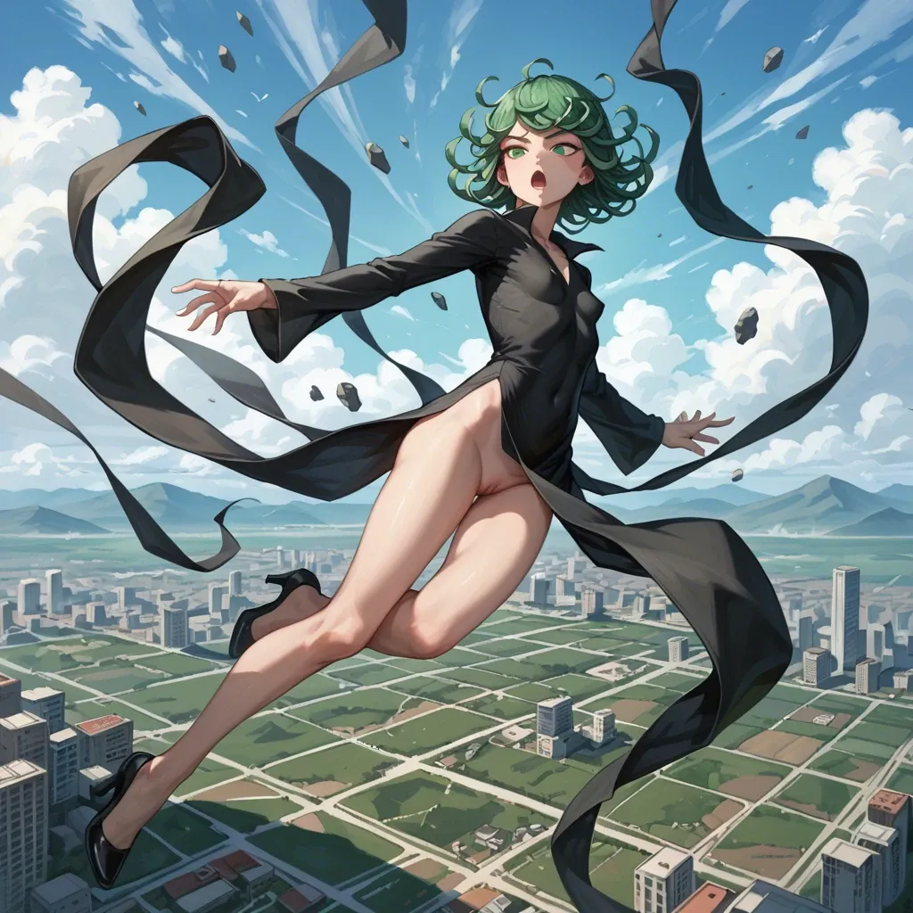 1girl, solo, , , , character tatsumaki, (perfect face: 1,2), (beautiful green eyes: 1,1), (very skinny), in black dress with long sleeve, in black heel, floating in the air, landscape is city, (side view: 1,1), back view, manga effects, motion lines