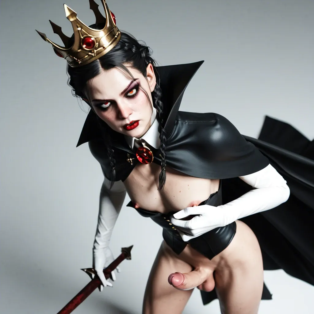 Femboy,hard penis,3d,freckles,slender crooked nose,large breast,slim contexture,crown braids,very tall,high angle,vampire, mistress uniform,cape,