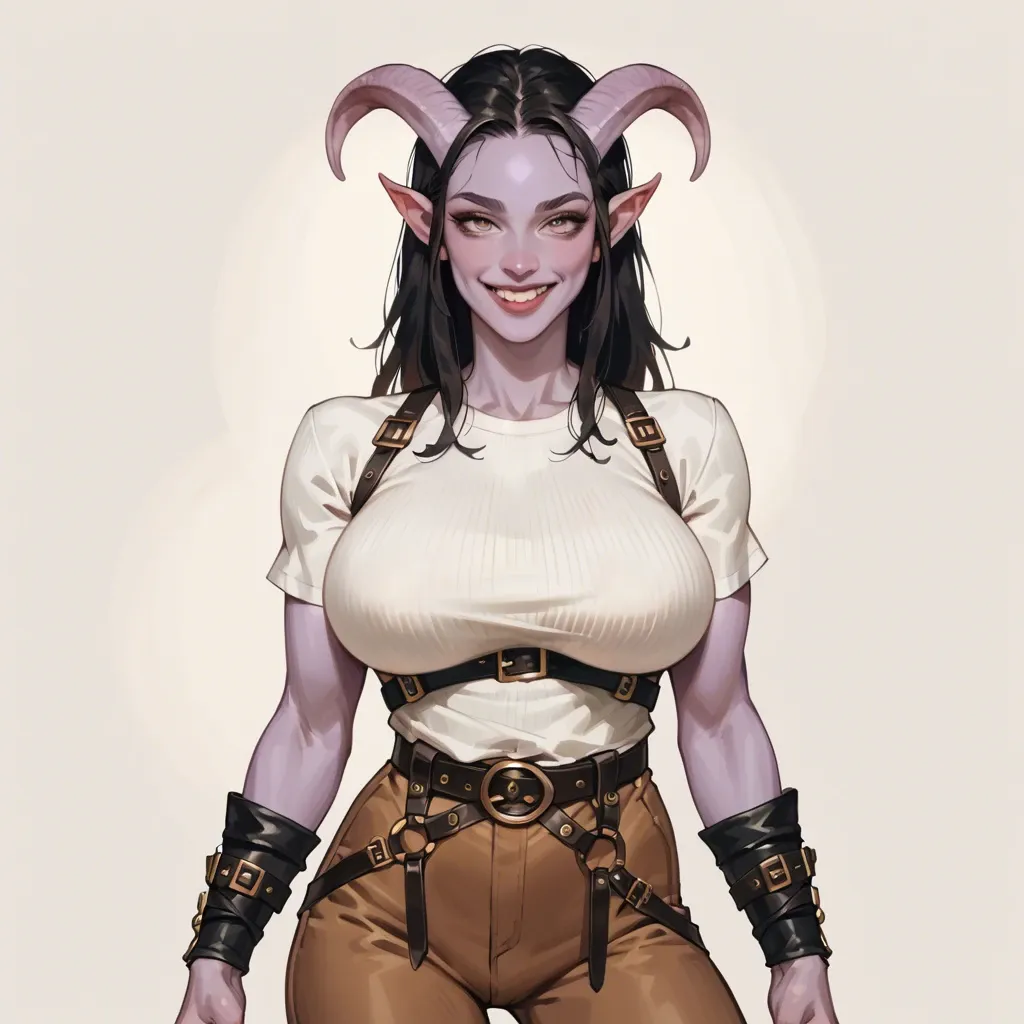 cute tiefling with purple skin and black hair, big breasts, white shirt, wide belt, brown pants, happy seductive smile, big breasts, skinny, adventurer's oytfit, leather bracers, leather belts reinforcements