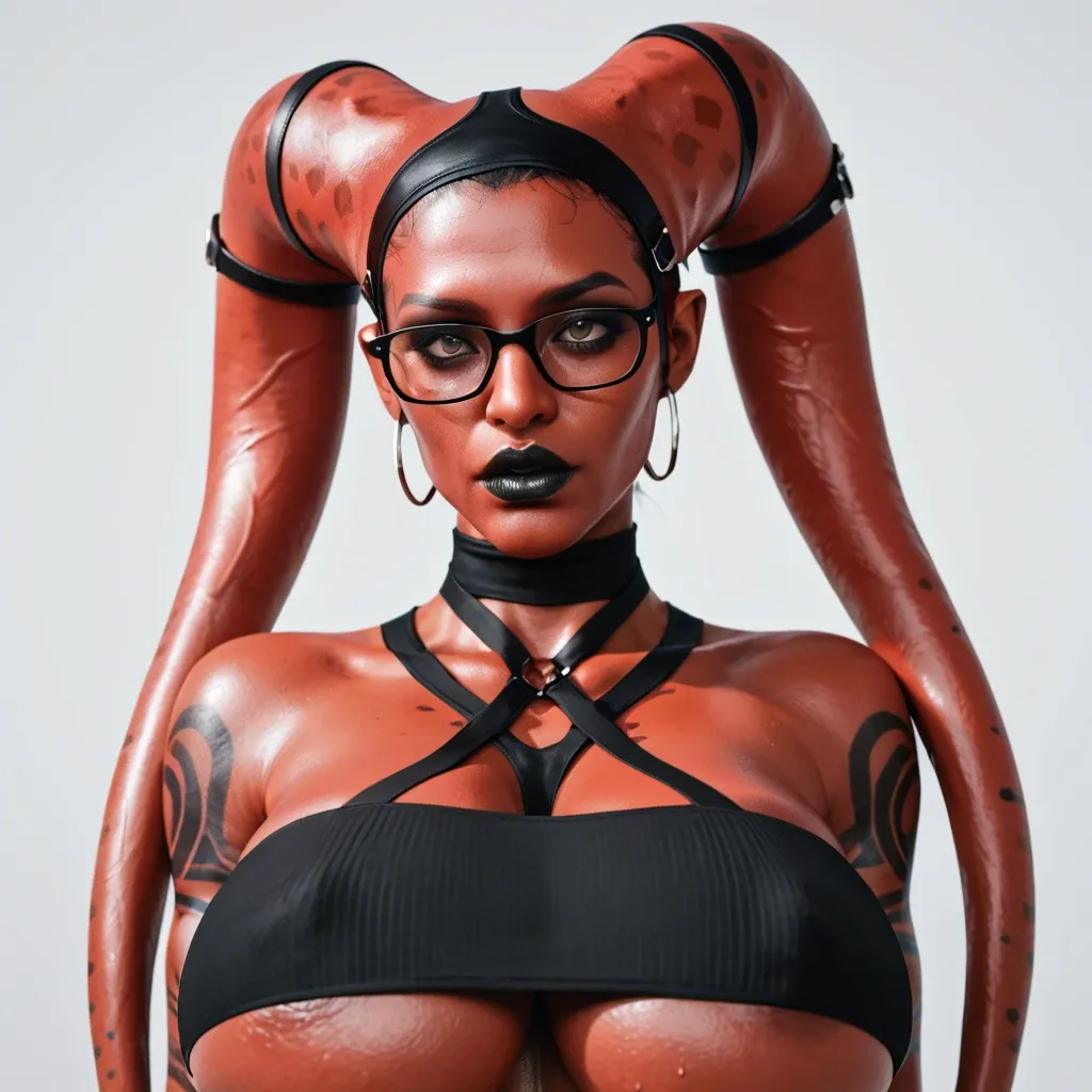 3d, indian twi'lek, covered ears, red skin black tattoos, huge sagging breasts, hyper black lips, thick black rim glasses, black tube top