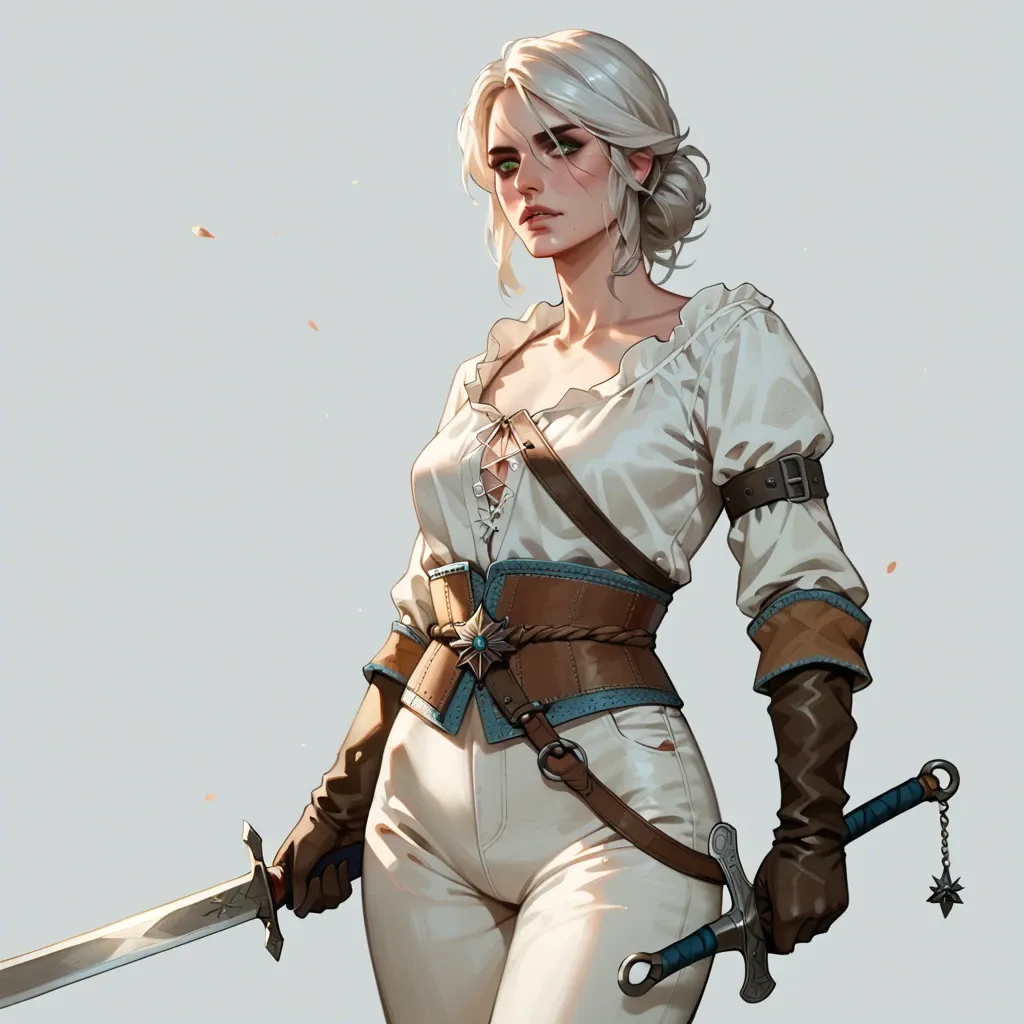 Ciri,the witcher,petite body,long white hair,bangs,witcher outfit,long pants,green eyes,sword,looking at viewer