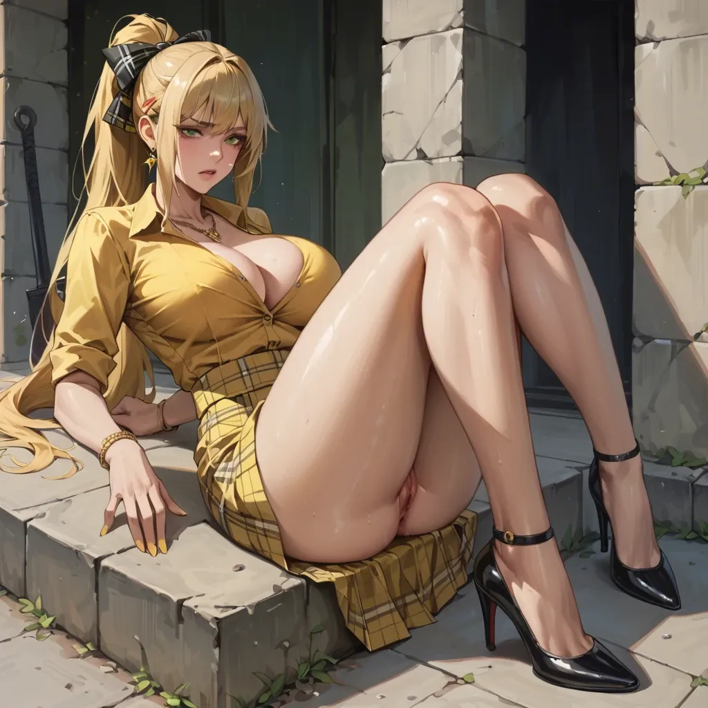 1 girl with a pretty face,huge breasts , slim waist , wide hips, huge butt, green eyes, long ponytail Blonde hair, yellow cleavage shirt, yellow plaid skirt, necklace, hair ribbon, bracelet,black high heels, (brutally fucked in a reverse cowgirl  position by a beast), happy with a frisky smile on her face,(creampie)