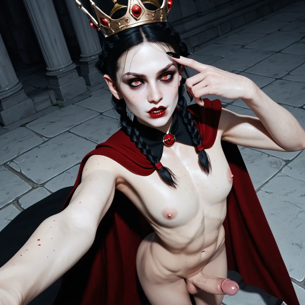 Femboy,hard penis,3d,freckles, large breast,slender crooked nose,crown braids,very tall,vampire, dracula clothes,cape, high angle selfie,