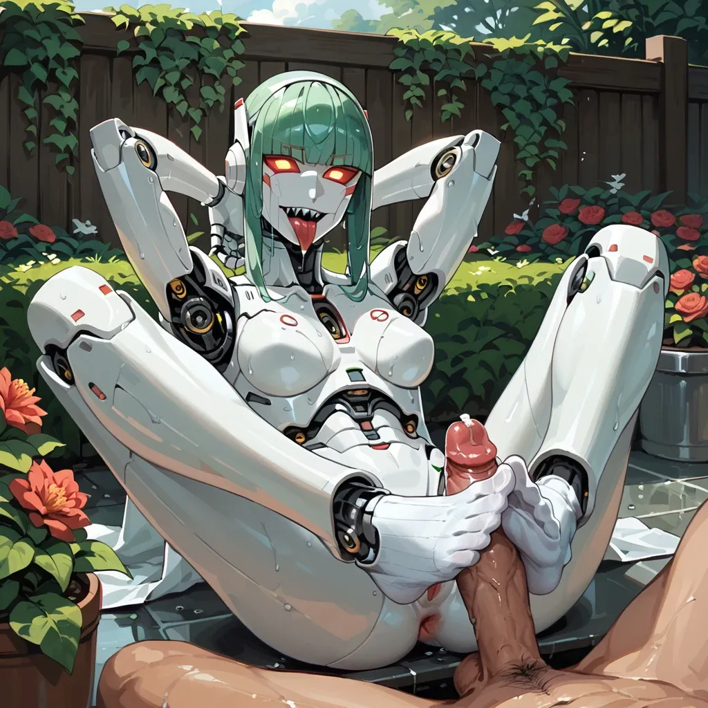 2 robots, smile, visible tongue, sharp teeth, in garden, wet, footfetish, robot face, in socks, legs up, silicon hair, sits on dick