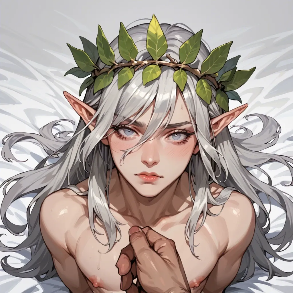 Male, solo, elf, femboy, leaf crown, prince, tall, dominant, silver hair, staring, royal bed, POV cuddling