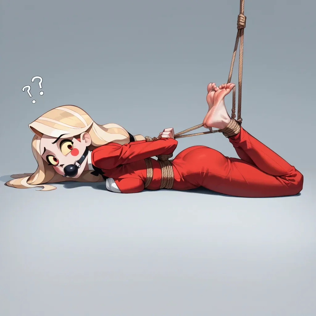 masterpiece, best quality, , , , 1girl, Charlie Morningstar \(Hazbin Hotel\), red suit, barefoot, confused, , , , lying on stomach, rope bondage, hogtied, hands behind back, huge gag, , , , looking at viewer, soles focus, ((face view))