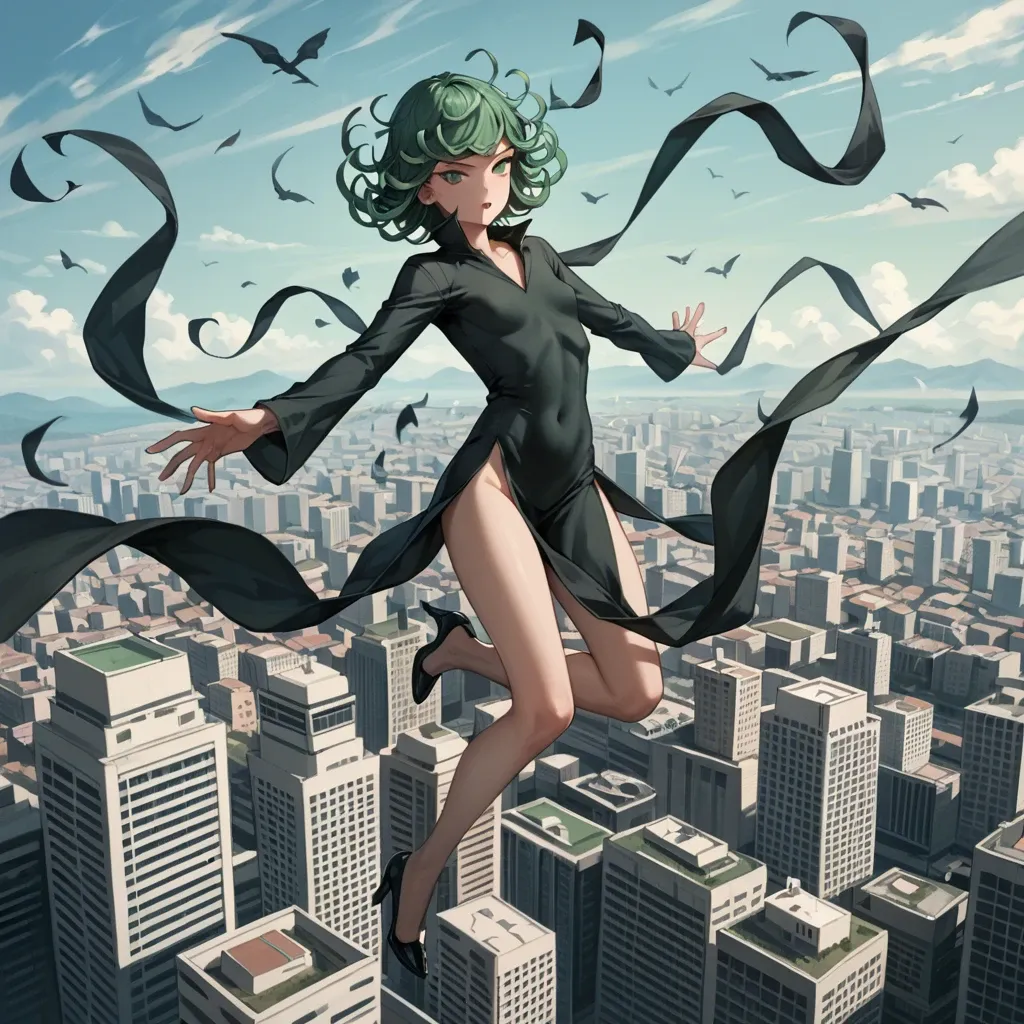 1girl, solo, , , , character tatsumaki, (perfect face: 1,2), (beautiful green eyes: 1,1), (very skinny), in black dress with long sleeve, in black heel, floating in the air, background is city, back view, motion lines