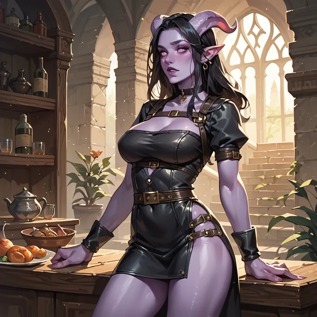 young cute tiefling girl with black hair and purple skin; skinny, big breasts, adventurer. tight leather breastplate, tunic, skirt, lethaer belts, choker, pants