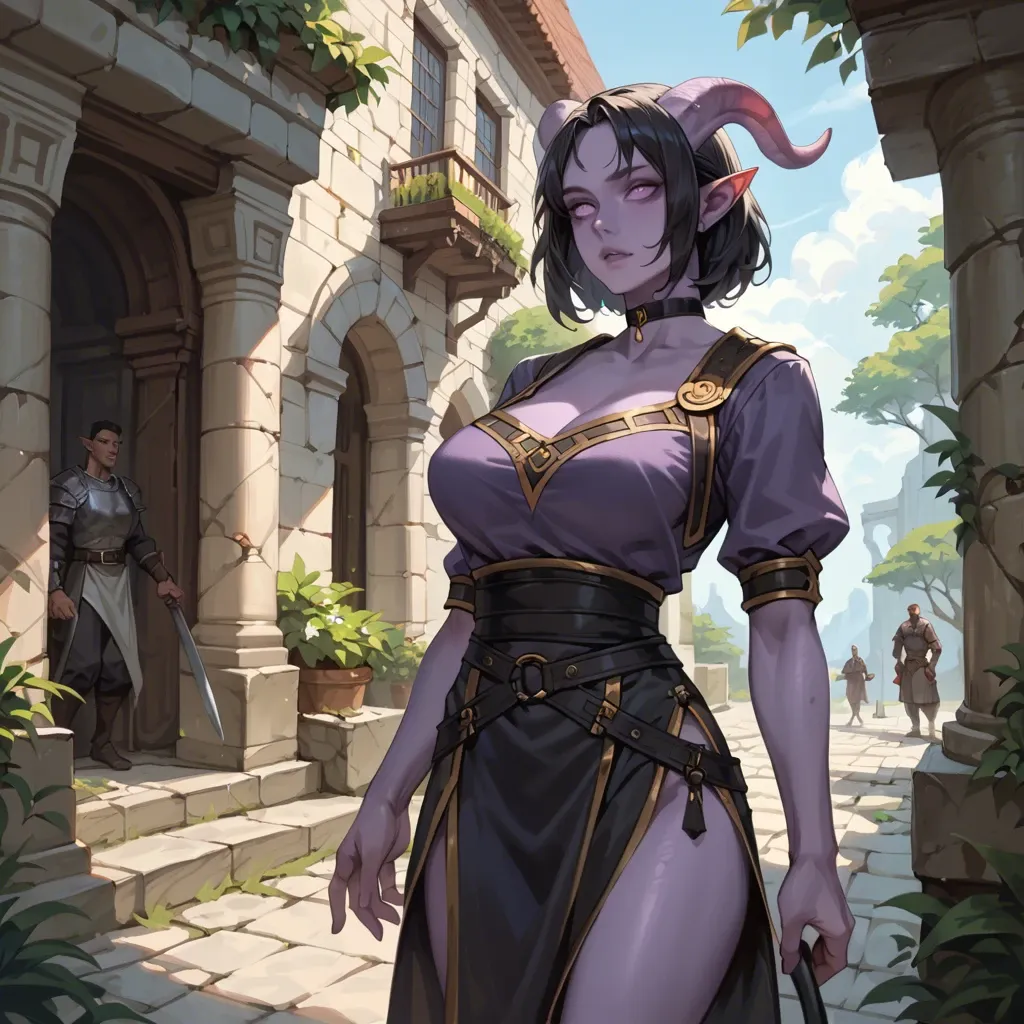 young cute tiefling girl with black hair and purple skin; skinny, big breasts, adventurer. Metal breastplate, tunic, skirt, lethaer belts, choker, pants