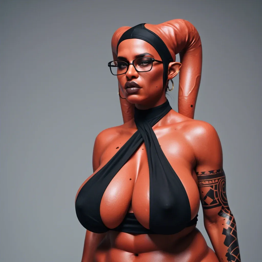 3d, indian Hindi twi'lek, covered ears, red skin, black tattoos, sagging breasts, hyper lips, thick black rim glasses, black tube top, obese, slutty