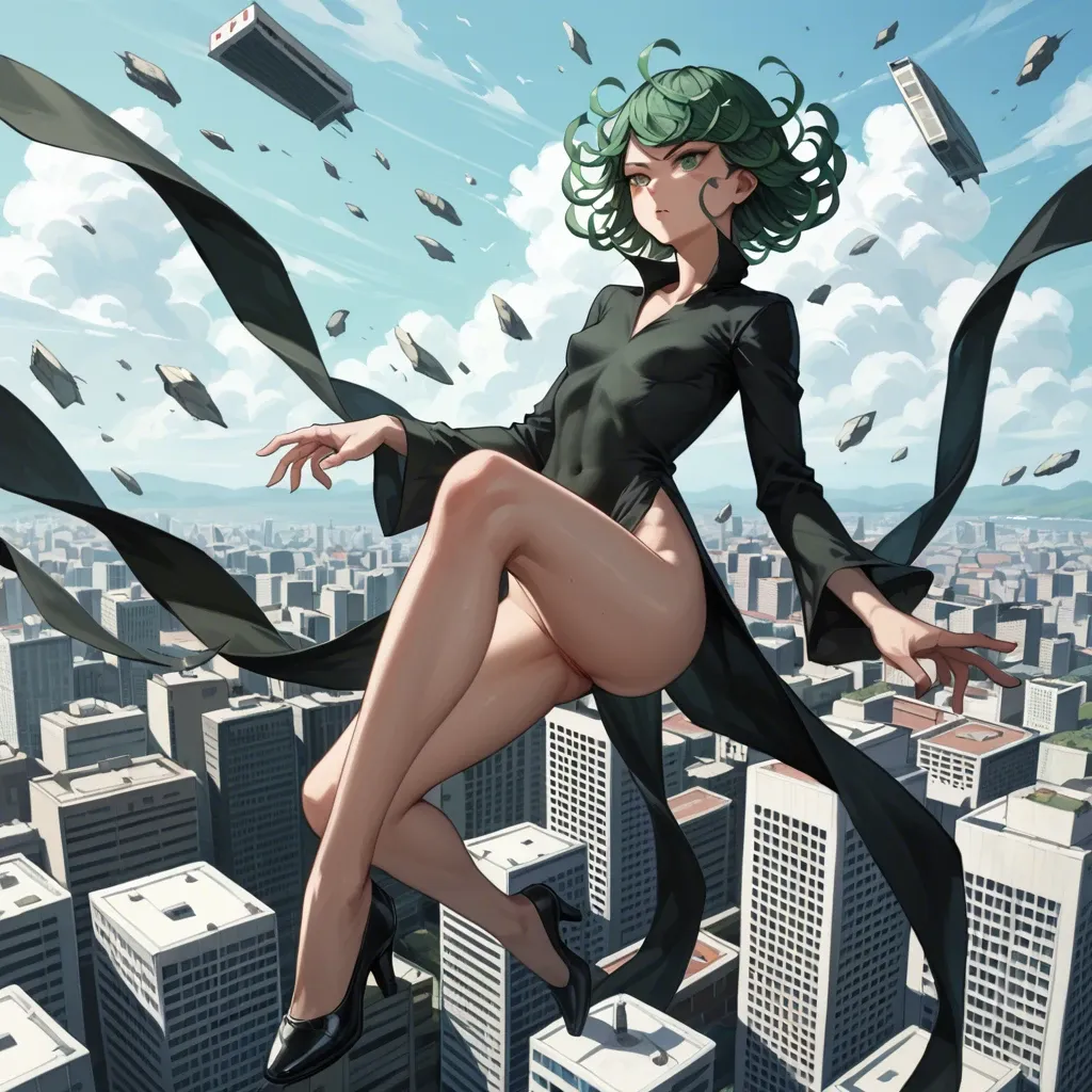 1girl, solo, , , , character tatsumaki, (perfect face: 1,2), (beautiful green eyes: 1,1), (very skinny), in black dress with long sleeve, in black heel, floating in the air, background is city, (side view: 1,1), back view, motion lines