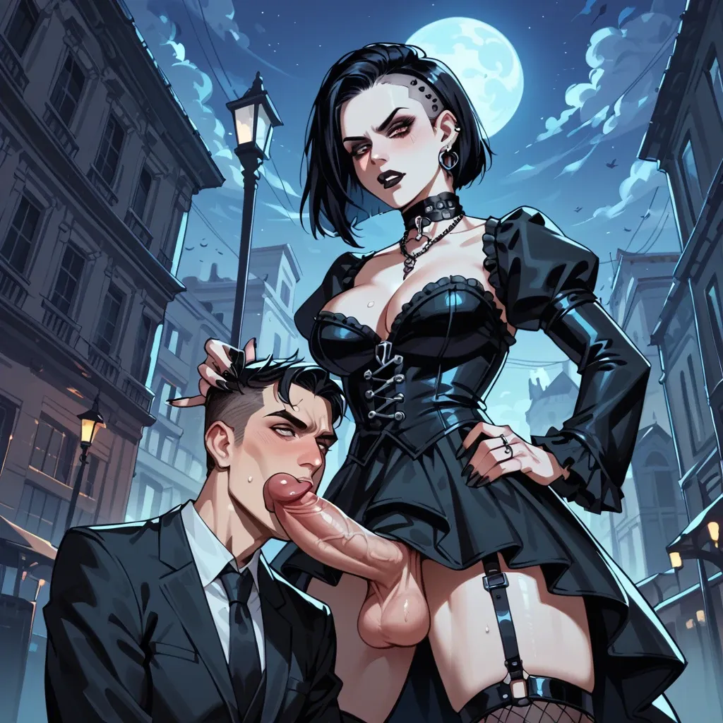 Gothic Futanari , Gothic clothes, night park, balls on face, big dick, femdom