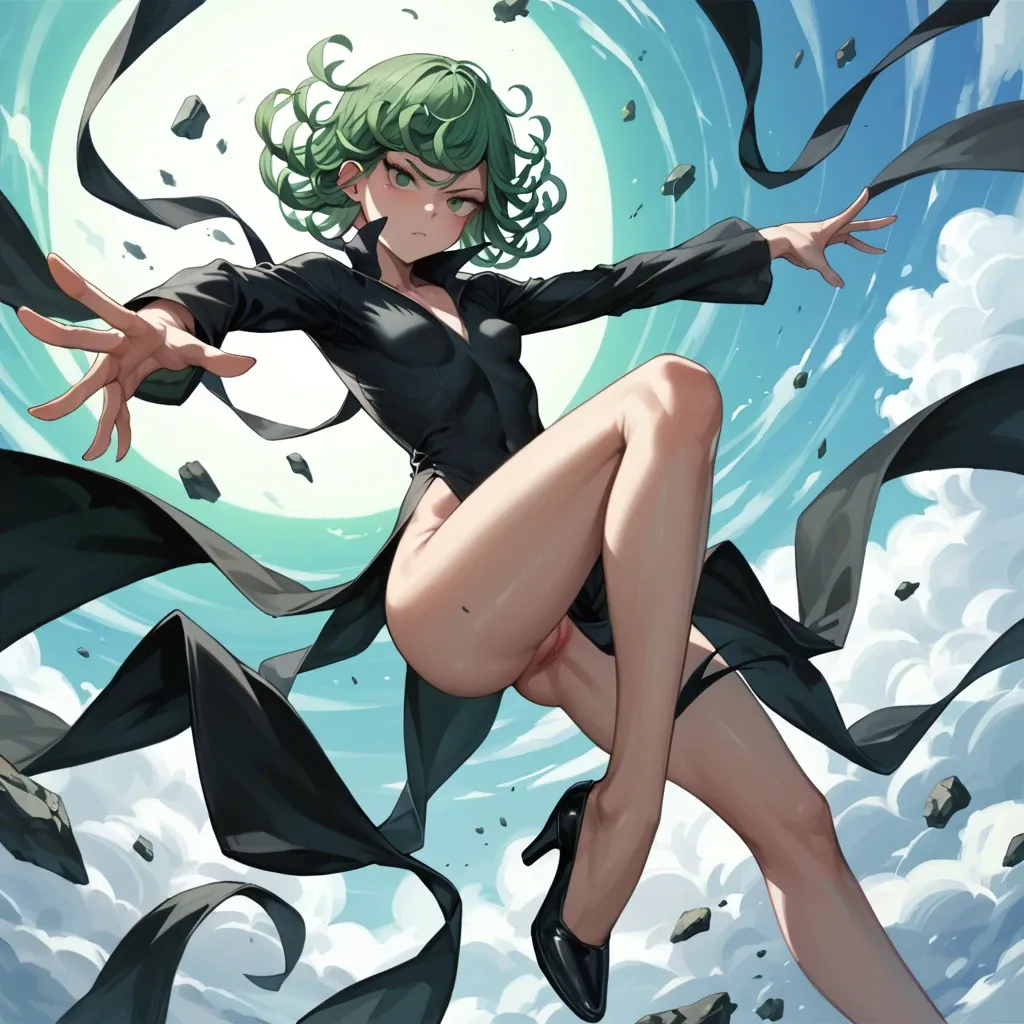 1girl, solo, , , , character tatsumaki, (perfect face: 1,2), (beautiful green eyes: 1,1), (very skinny), in black dress with long sleeve, in black heel, floating in the air, looking straight, background is city, (side view: 1,1), manga effects, motion lines