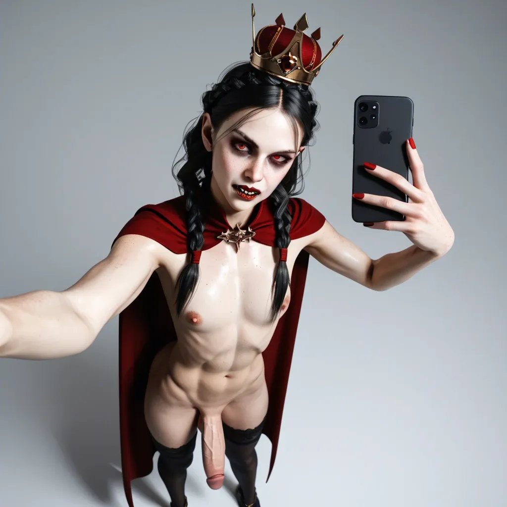 Femboy,hard penis,3d,freckles, large breast,slender crooked nose,slim contexture,crown braids,very tall,vampire,vampire clothes,cape, selfie full body