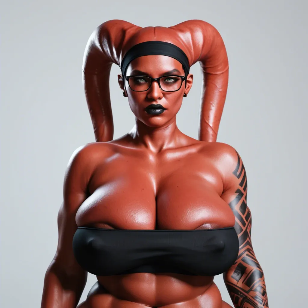 3d, indian twi'lek, covered ears, red skin black tattoos, sagging breasts, hyper black lips, thick black rim glasses, black tube top, obese, slutty