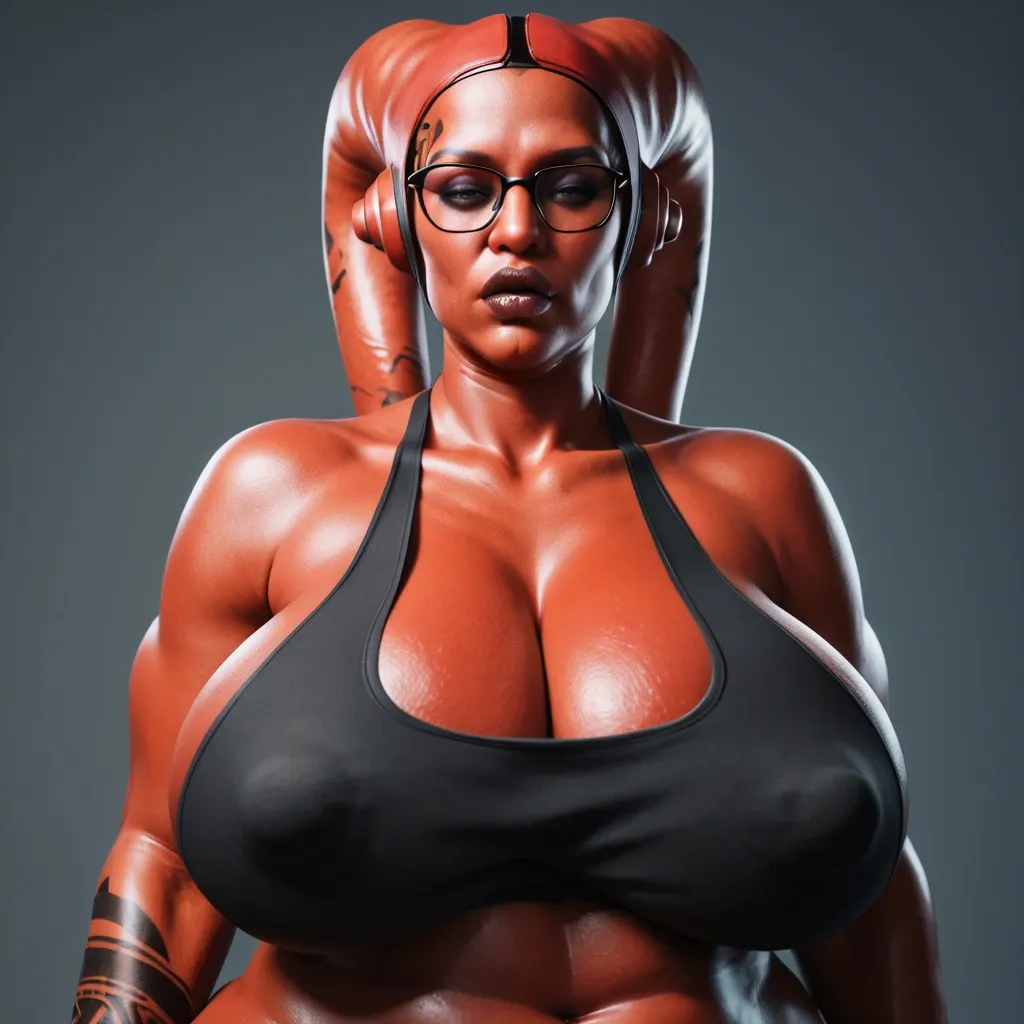 3d, indian Hindi twi'lek, covered ears, red skin, black tattoos, sagging breasts, hyper lips, thick black rim glasses, black tube top, obese, slutty