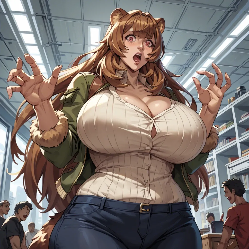 Raphtalia, giga giantess, giantess growth, growing, bigger female, larger female, giant woman, huge woman, room filling, unwilling growth, barely clothed, wardrobe malfunction, shocked, surprised, bedroom setting, narrow space, barefoot