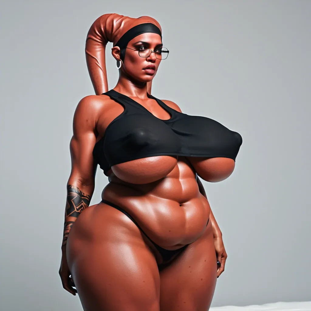 3d, indian Hindi twi'lek, covered ears, red skin, black tattoos, sagging breasts, hyper lips, thick black rim glasses, black tube top, obese, slutty