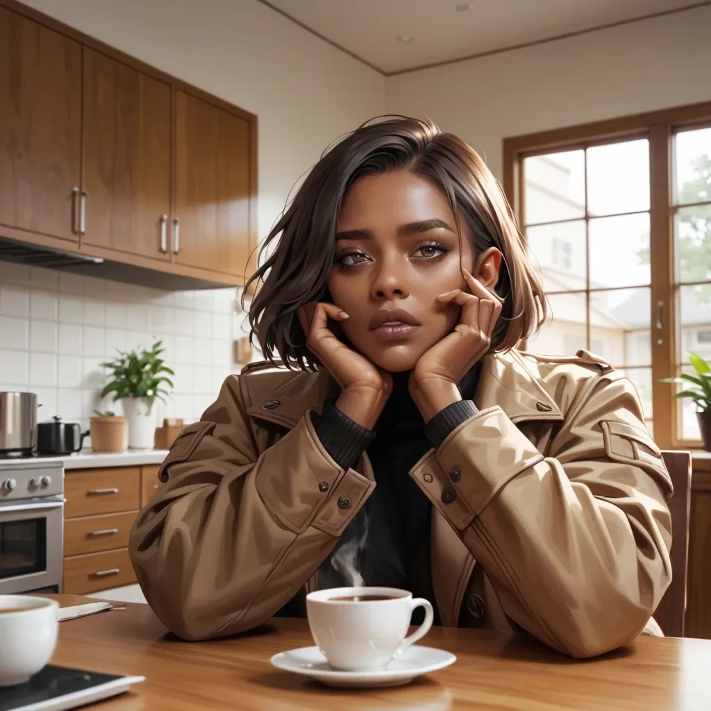 1 girl, brown skin, bob haircut, brown eyes, detailed face, inside house, coffee, do not show hands, massive ass, High definition, good face, coat, upper body close up