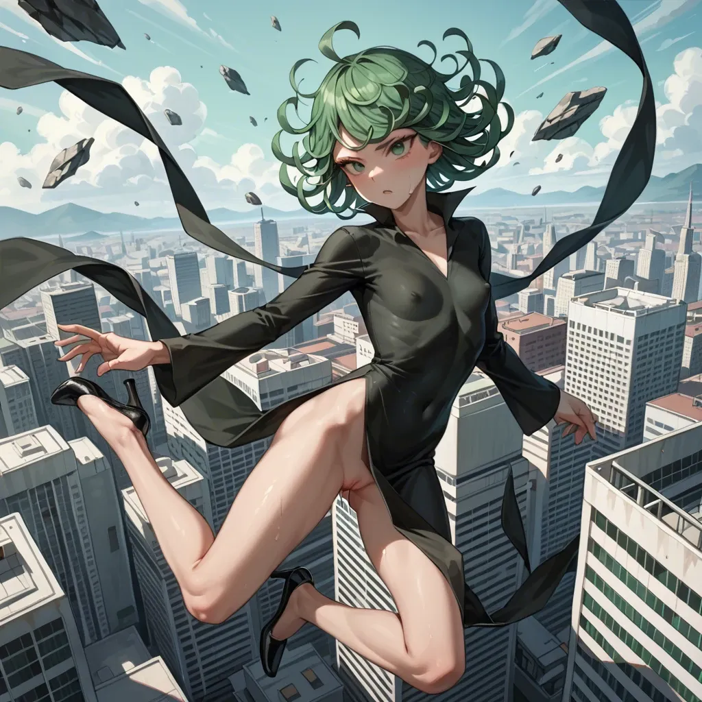 1girl, solo, , , , character tatsumaki, (perfect face: 1,2), (beautiful green eyes: 1,1), (very skinny), in black dress with long sleeve, in black heel, floating in the air, background is city, (side view: 1,1), back view, manga effects, motion lines