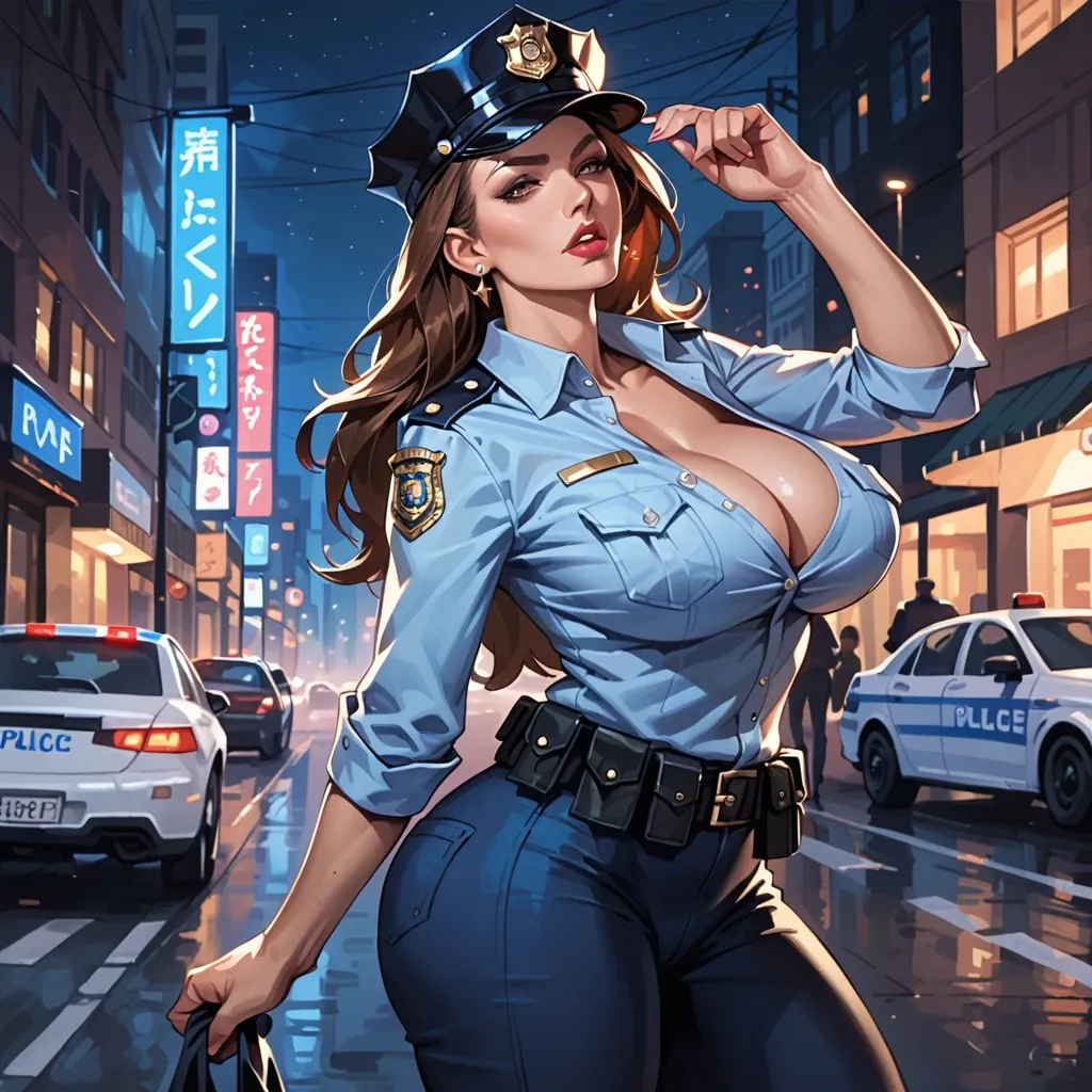 Police uniform, milf, seductive, big tits, big ass, cleavage, long hair, night city, dressed, brown hair, cap