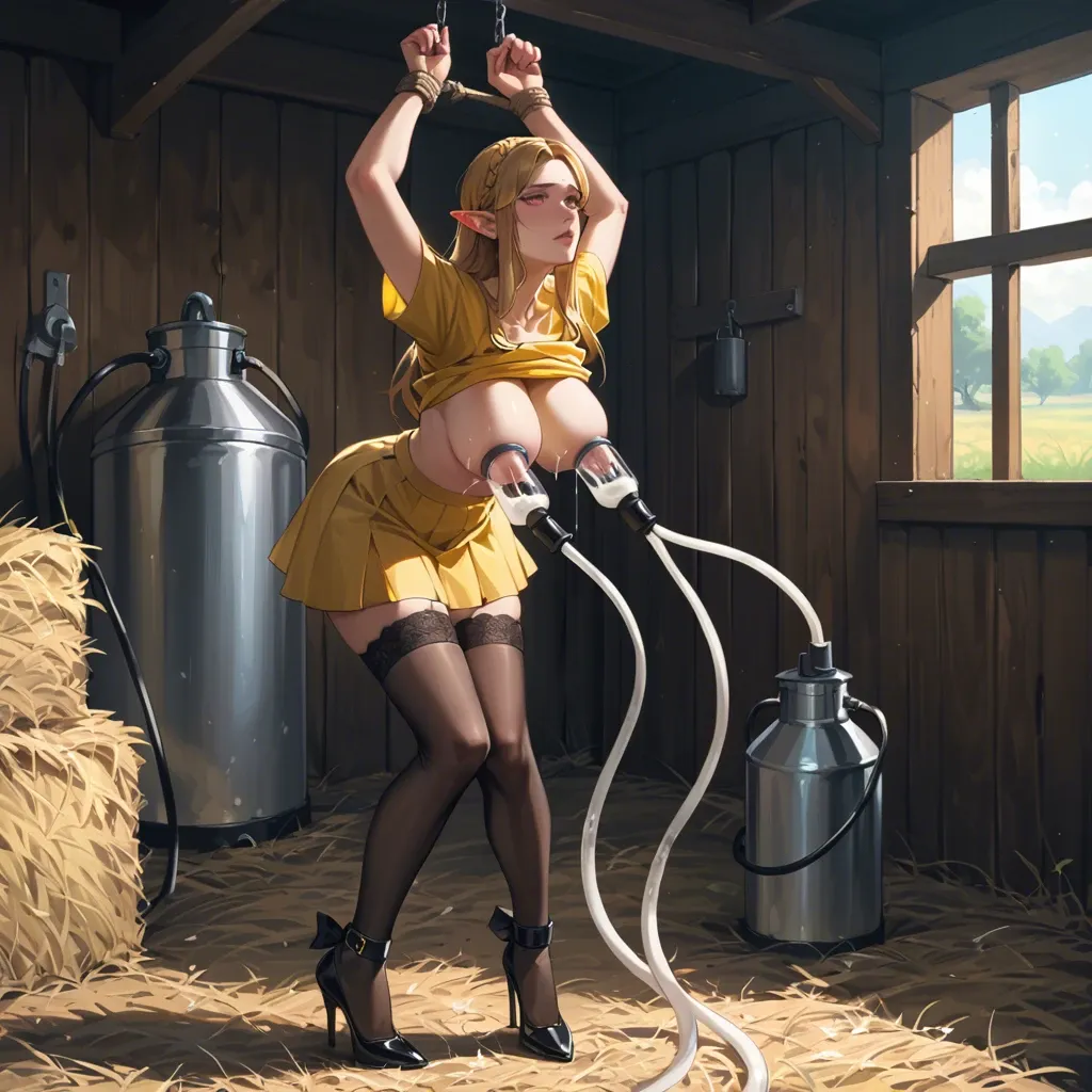 Zelda,high heels,stockings,milking machine,emotionless face,glowing pink eyes,tied arms,in farm,yellow shirt,lactating,yellow skirt