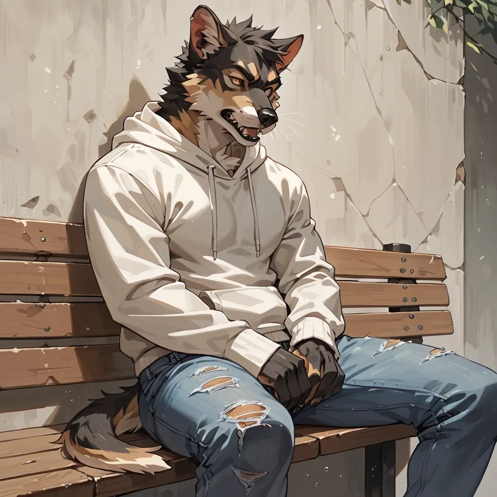 anthro shepherd sitting on the bench on the wall,in black zio hoodie and jeans