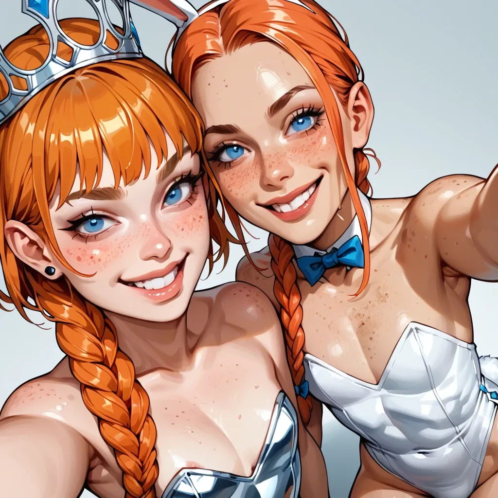 1femboy,freckles ,blue eyes, skinny, pretty boy, braided crown, orange hair,high angle selfie,face close-up,rubberized,full package futanari,white paled skin, flat chest, rabbit costume, big smile,spit down, saliva,