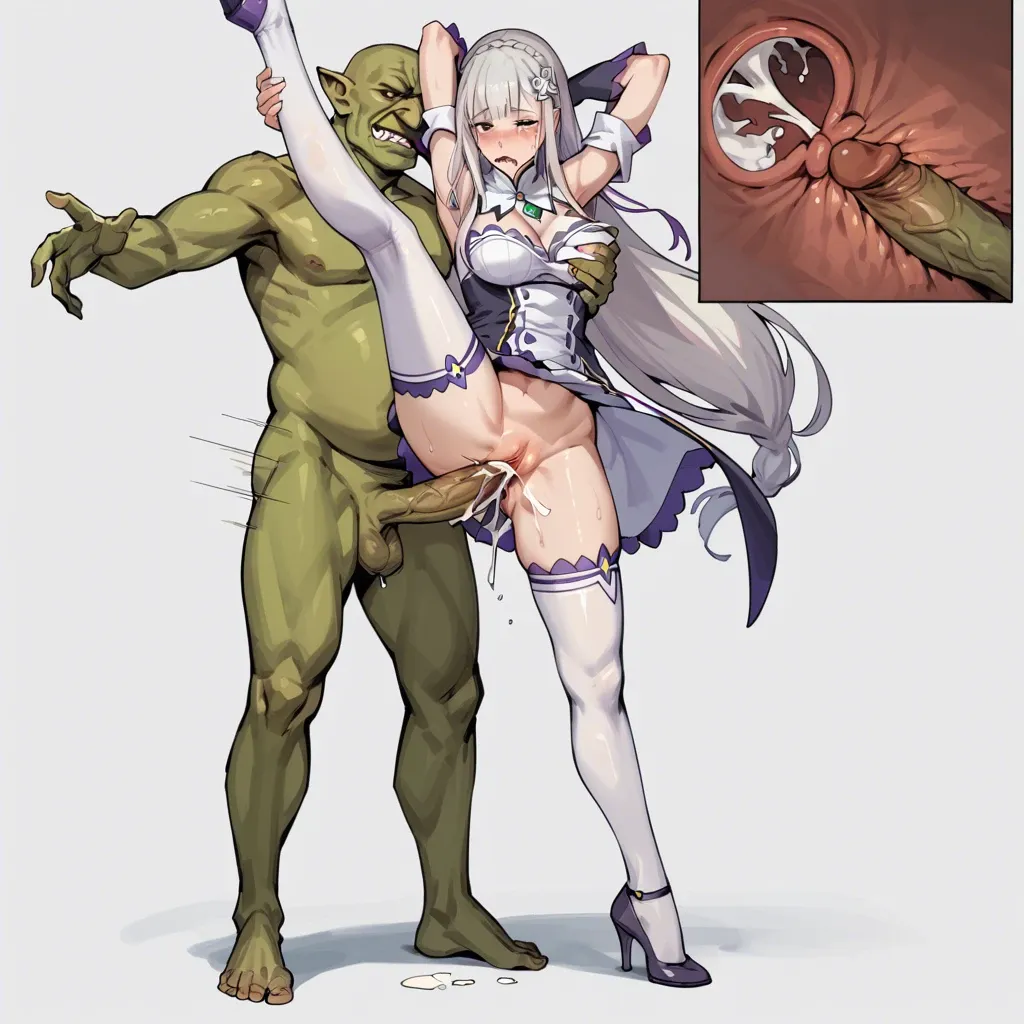 Emilia (re:zero),stockings,feet,deep thrusting,internal creampie,comic,heavy breathing,tired,tears,goblin,fucked silly,standing on tiptoes,arms behind head,legs apart,groping