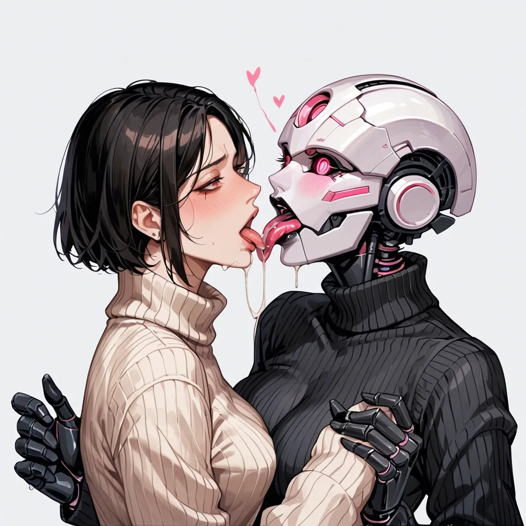 2 black robot girls with pink, robot face, sweater, long tongue, french kiss, holding arms