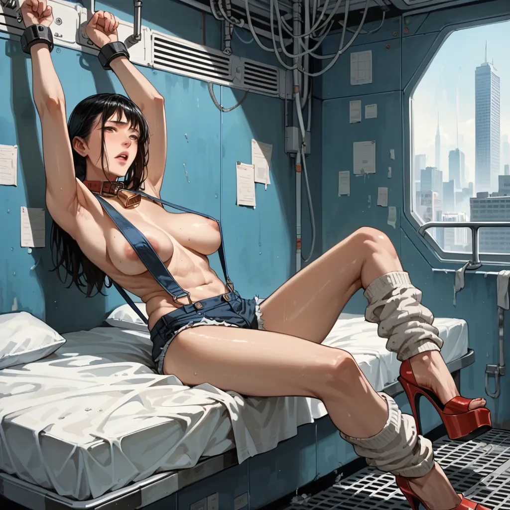 1girl,solo, , , , large boob slip,arm raised,saggy breasts,city background,neck bell, half dressed,leg warmers,suspenders,loose bra,platform heels, school bathroom, restrained, spaceship, bed, anime, golden hour, jasmine