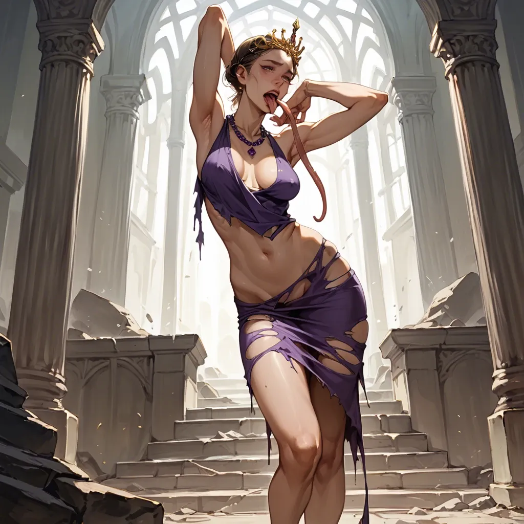 1girl,solo, , , , long tongue,hand focus,saggy boobs,love handles,thin ankle, dimples,shaved armpits,huge boobs,backlighting,wrists, torn skirt,purple necklace,golden tiara,leotard aside,black sneakers, barn background, dark alleyway, throne room, on the bed, sex on table, ultra realistic, bright sunlight, princess peach, wonder woman, ariel waifu