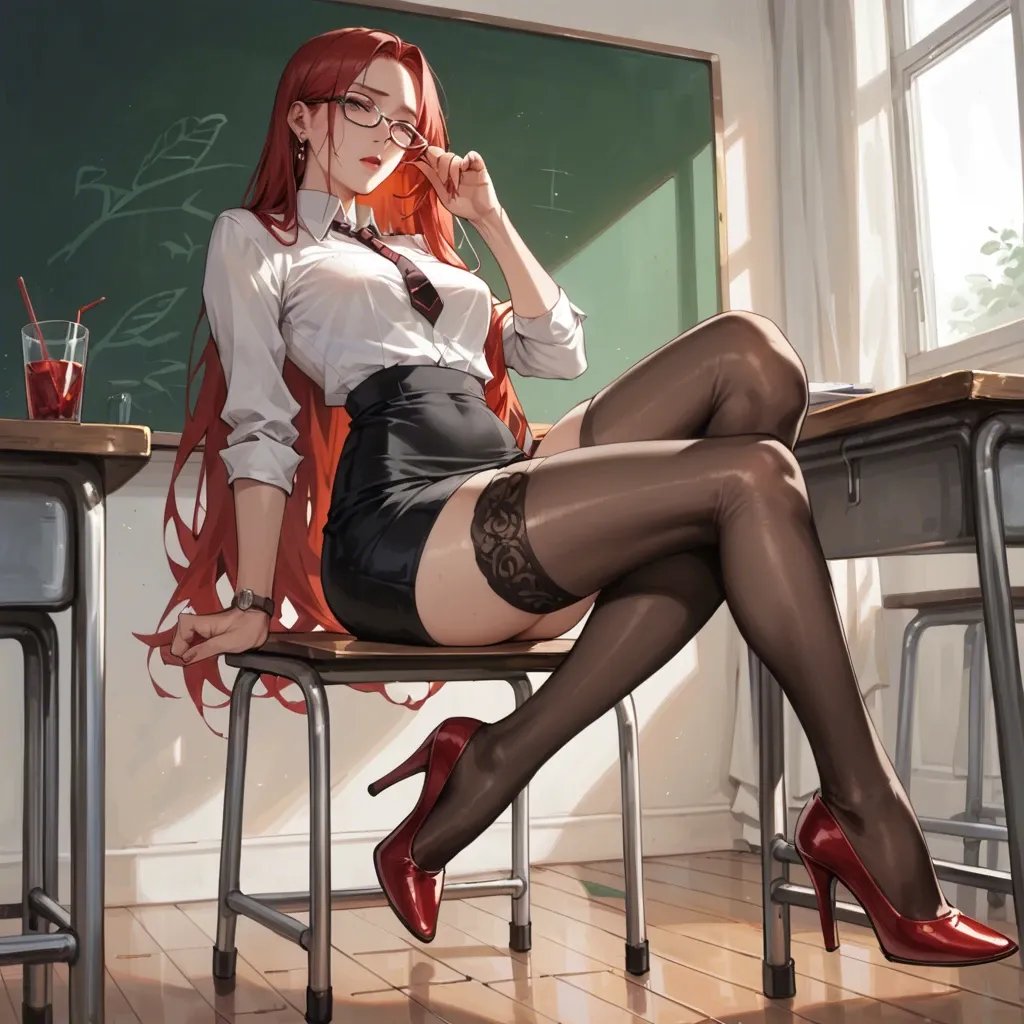 A female teacher, with a(( very thin skinny waist and very skinny) :1.2) and with very long legs with very large hips with long red hair and black eyes. She is wearing red high heels and black stockings, glasses and a black skirt.((very huge big giant dildo very deep in very deep very huge big giant anal):1.3). ((detalied and realistic skin):1.2).