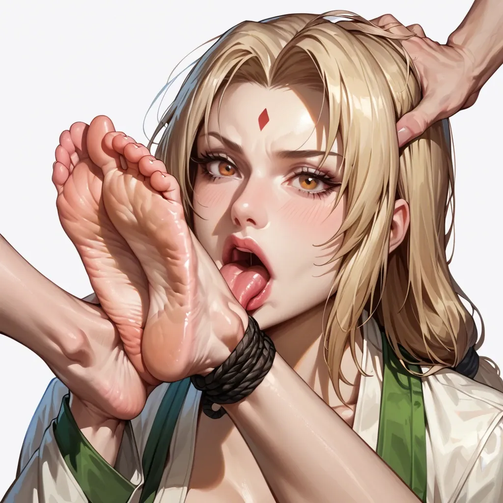 Tsunade, hogtied, lesbian foot worship, group soles licking, face under soles, soles on face, soles view, detailed soles, soles around face, tongue out, soles licking with tongue