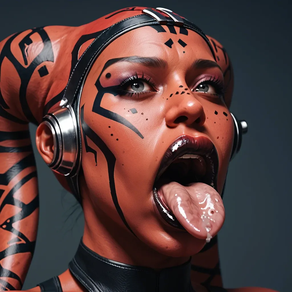 (3d), Indian hindi twi'lek, (obese), hyper lips, gaping mouth, tongue out, red skin, darth talon, facial piercings, freckles