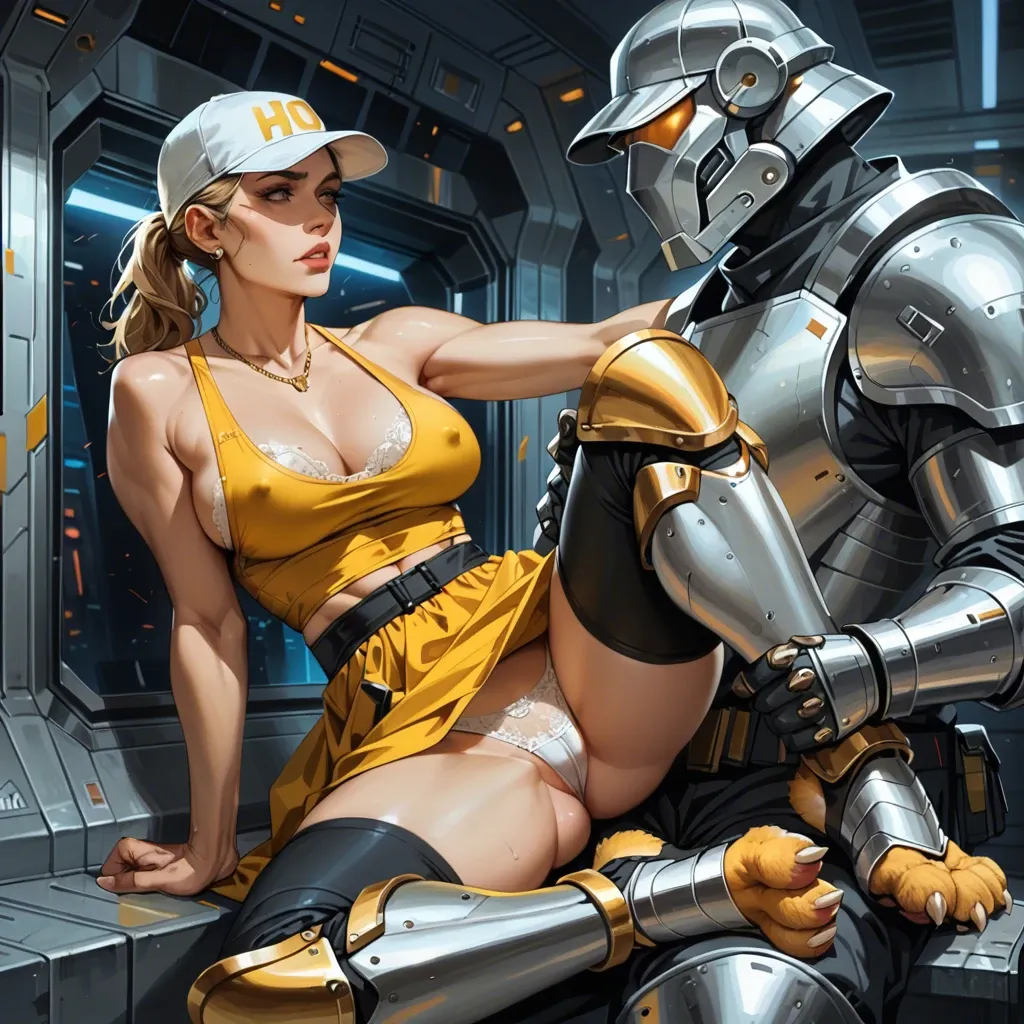 1girl,1boy, , , , cheek,paw feet,areola slip,spaceship,bare shoulders, half dressed,golden necklace,panties visible,gray sports bra,boots, yellow dress,white lace,sports cap,thong,armored boots, hotel room, street, tifa lockhart