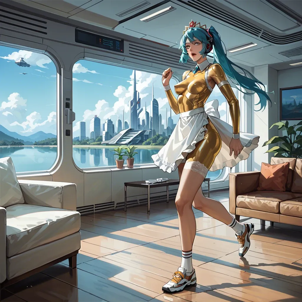 1girl,1boy, , , , pinching,skinny thighs,nipple bulge,conceivable,perfect skin, maid dress,white socks,golden tiara,laced bodysuit,running shoes, living room, lake, spaceship, smartwatch, zelda, miku hatsune