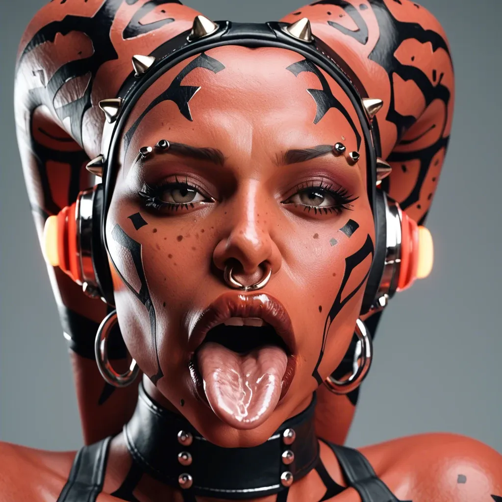 (3d), Indian hindi twi'lek, (obese), hyper lips, gaping mouth, tongue out, red skin, darth talon, facial piercings, cow nose ring, spike eyebrow piercings, freckles