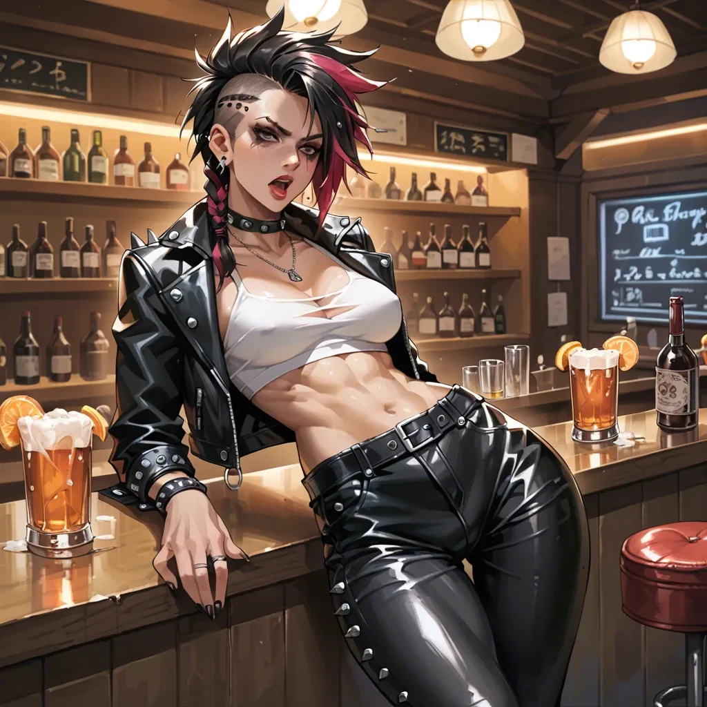 Female punk rocker, leather jacket, Japanese, leather trousers, pub, friendly, 1girl solo