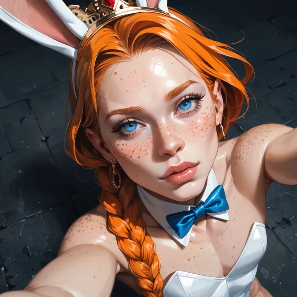 1femboy,freckles ,blue eyes, skinny, pretty boy, braided crown, orange hair,high angle selfie,face close-up,rubberized,full package futanari,white paled skin, flat chest, rabbit costume,spit down,twin