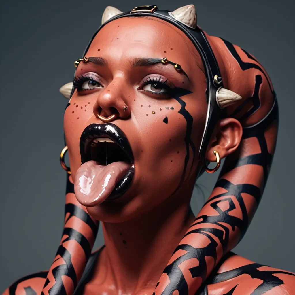 (3d), Indian hindi twi'lek, (obese), hyper lips, gaping mouth, tongue out, red skin, darth talon, facial piercings, cow nose ring, spike eyebrow piercings, freckles