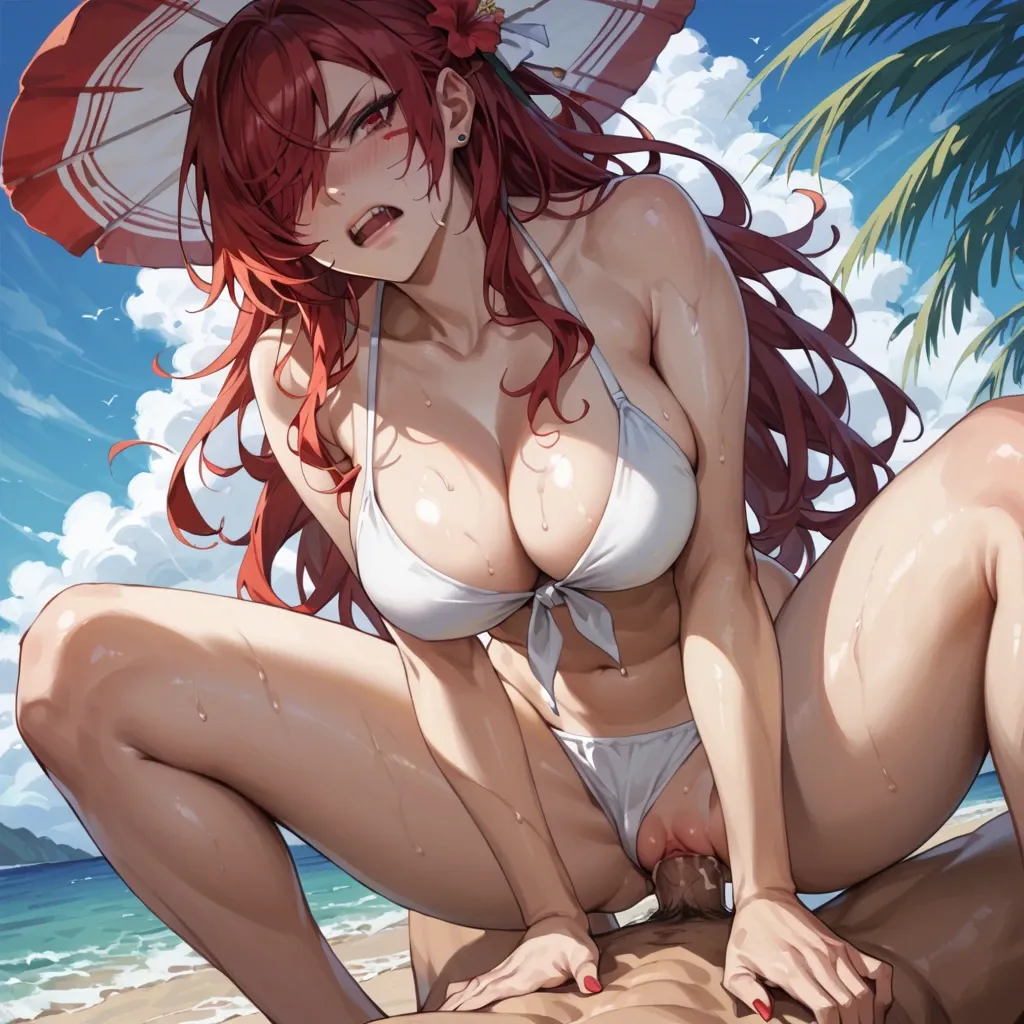 Mitsuru Kirijo from Persona 3  , red hair, long hair, hair over one eye, red eyes, white bikini, front-tie top, red hibiscus pin, large breasts, cleavage,anger face, blue sky, beach, He has vaginal sex with woman using Missionary sex with huge penis ,She lies on her back