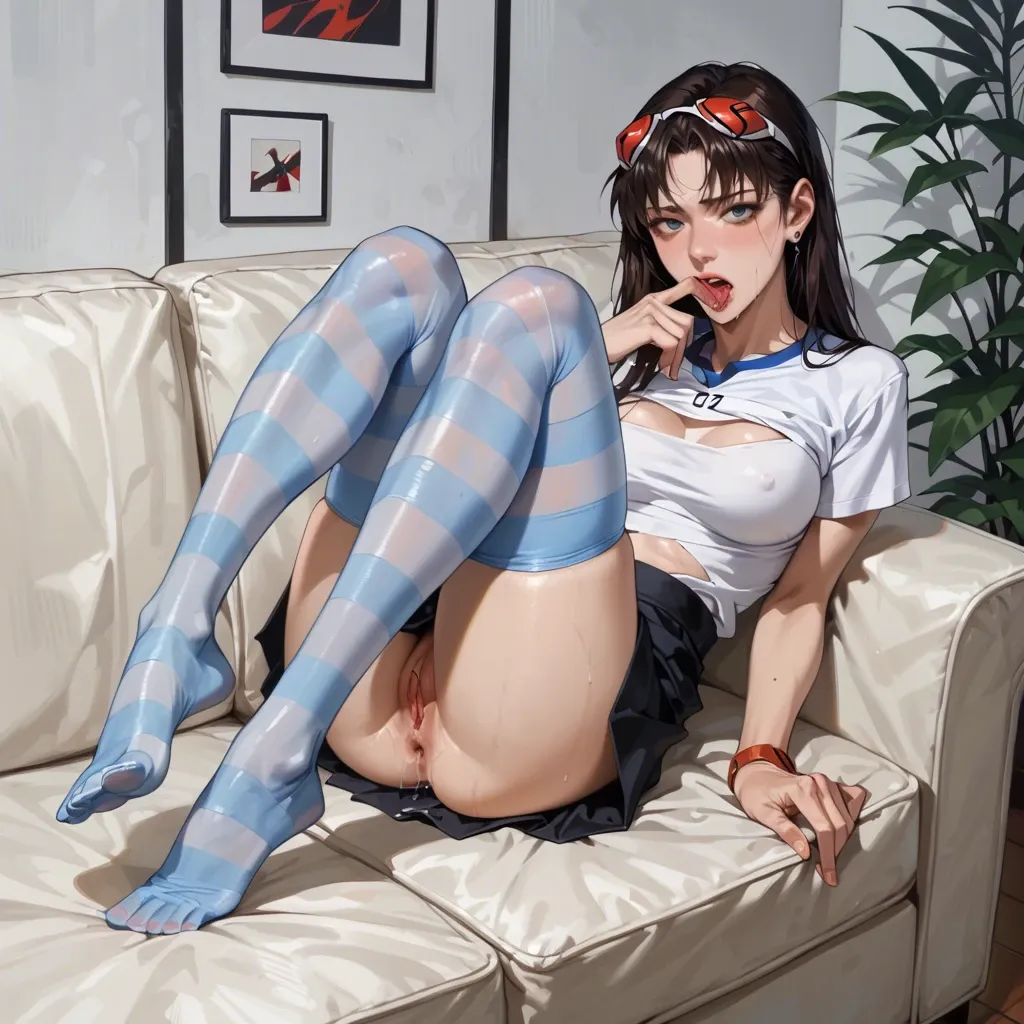 Asuka from Evangelion is sitting on a black leather sofa in a porn studio, in a skirt and striped blue and white stockings, with her legs in the air, a big dildo sticking out of her mouth, Asuka is jerking herself off with a big dick, anal beads sticking out of her anus, mascara and lipstick on her face, she is smiling