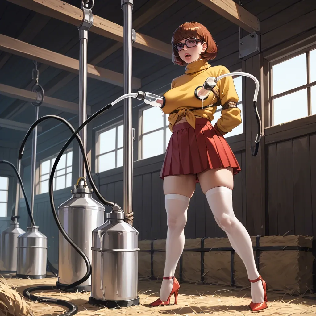 Velma dinkley,high heels,stockings,milking machine,emotionless face,glowing pink eyes,tied arms,in farm,yellow shirt,lactating,yellow skirt