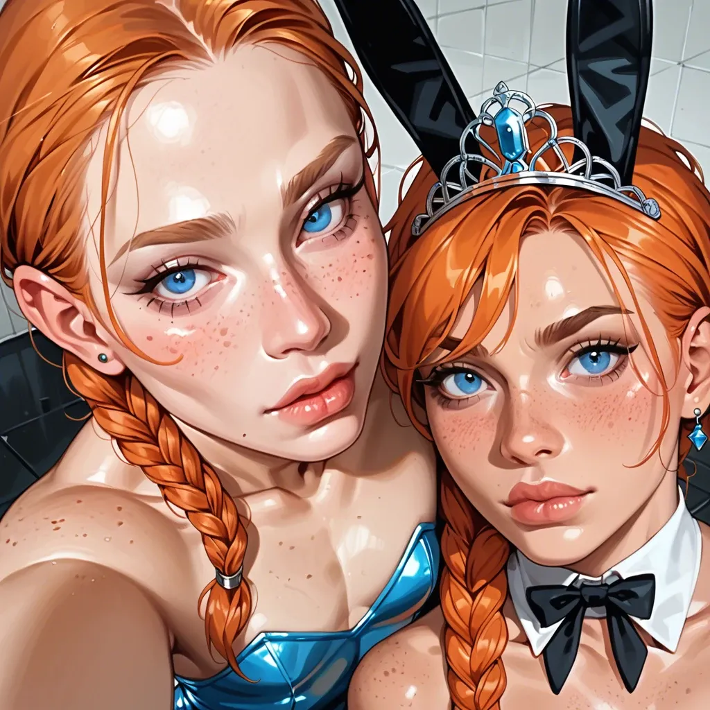 1femboy,freckles ,blue eyes, skinny, pretty boy, braided crown, orange hair,high angle selfie,face close-up,rubberized,full package futanari,white paled skin, flat chest, rabbit costume,spit down,