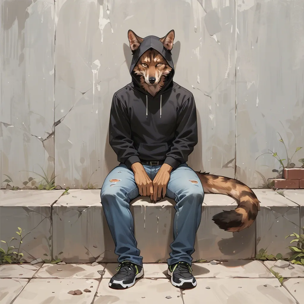 anthro shepherd sitting on the wall,in black zio hoodie and jeans,full body standing straight