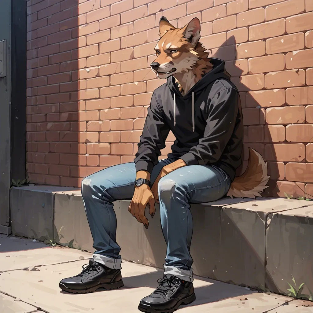 anthro shepherd sitting on the wall,in black zio hoodie and jeans,full body standing straight