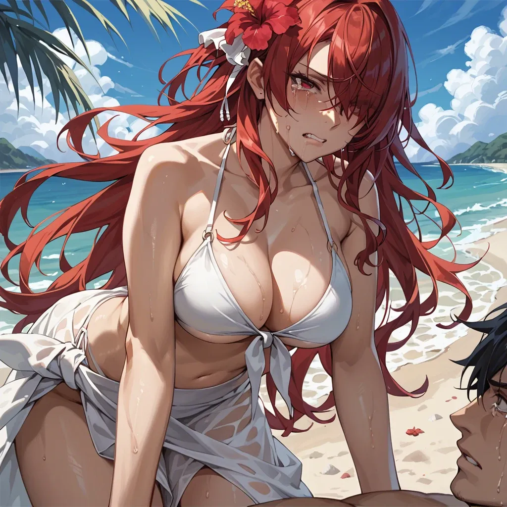 Mitsuru Kirijo from Persona 3  , red hair, long hair, hair over one eye, red eyes, white bikini, front-tie top, white sarong, red hibiscus pin, large breasts, cleavage, Crying face, blue sky, beach,  Boy has vaginal sex with woman using mating press with huge penis ,The boy pushes her down